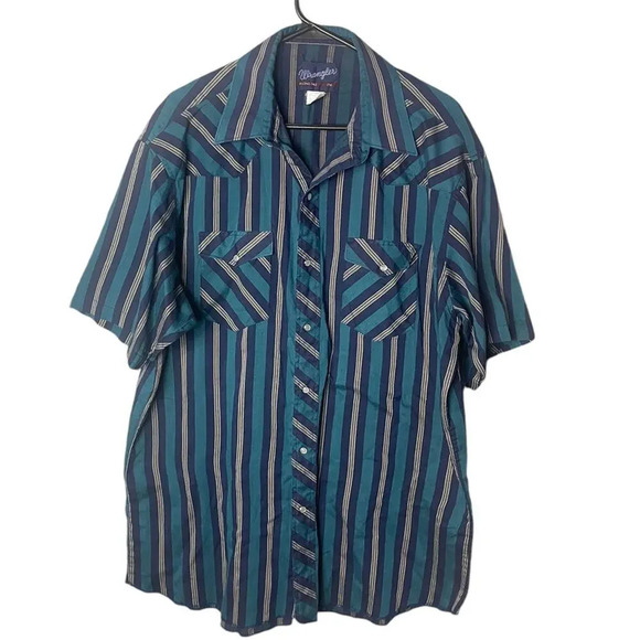 Wrangler Men’s Vintage Striped Pearl Snap Short Sleeve Western Shirt Teal Blue - Picture 1 of 7